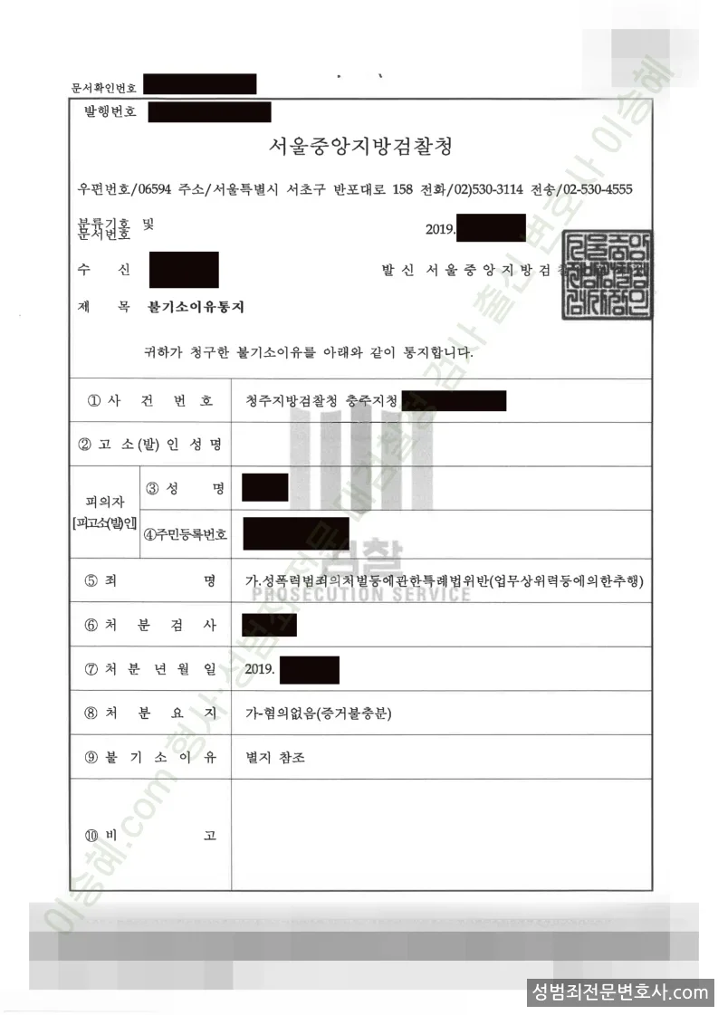성폭법위반(업무상위력등에의한추행) 처분문서(개인정보 삭제)