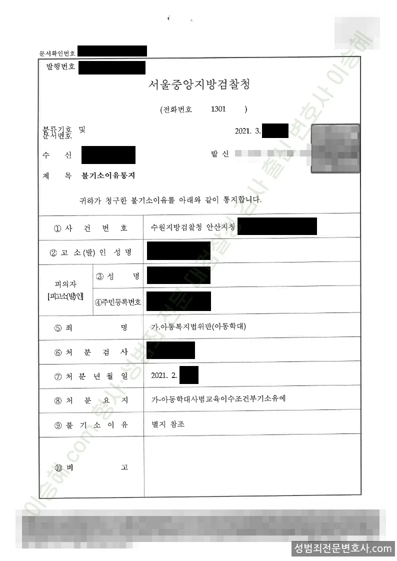 아동복지법위반(아동학대) 처분문서(개인정보 삭제)