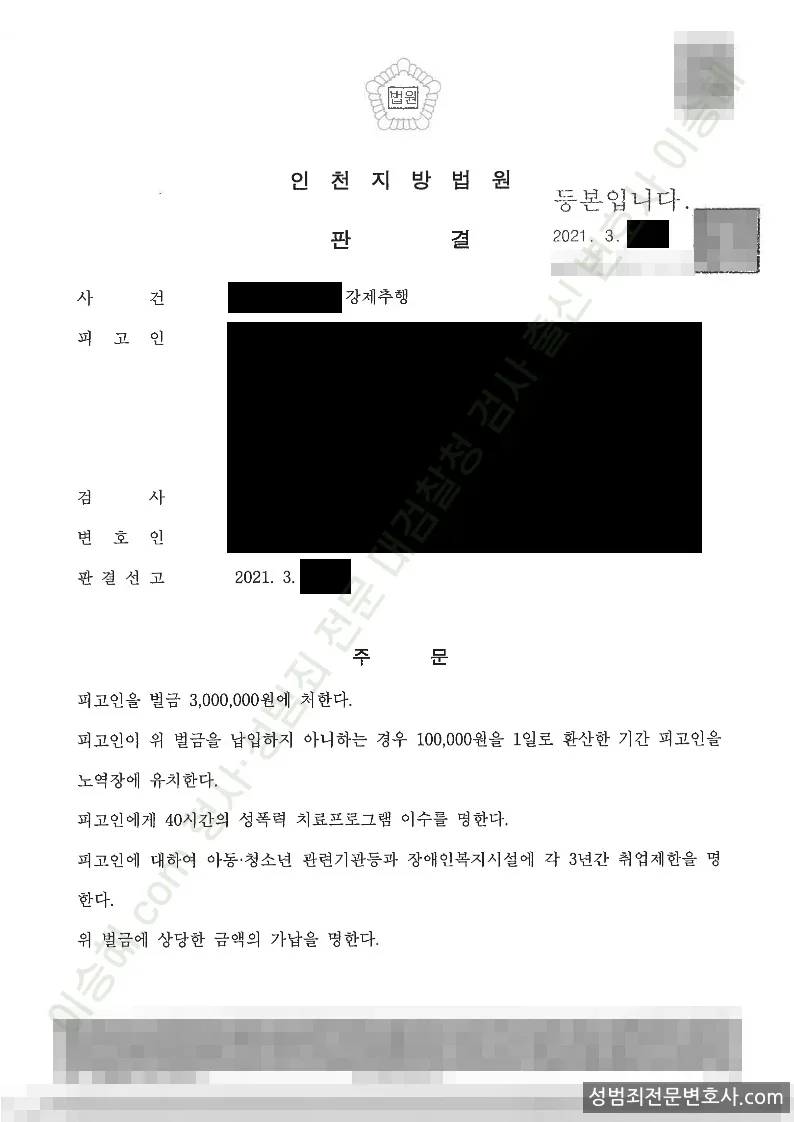 강제추행 처분문서(개인정보 삭제)