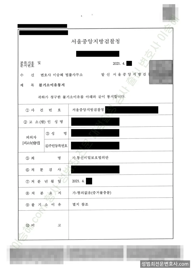 통신비밀보호법위반 처분문서(개인정보 삭제)