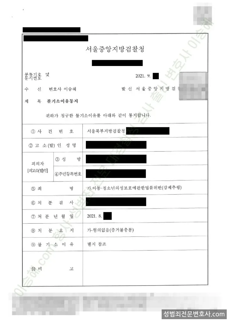 아청법위반(강제추행) 처분문서(개인정보 삭제)