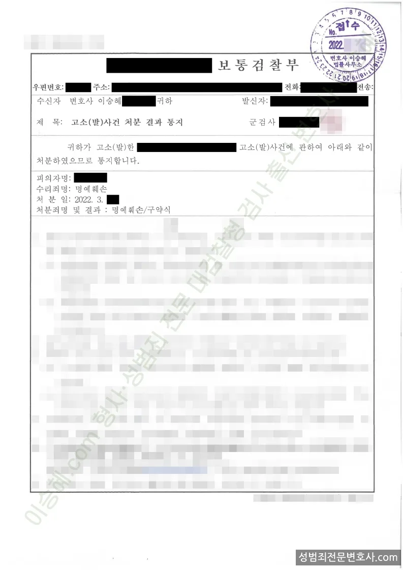 명예훼손 처분문서(개인정보 삭제)