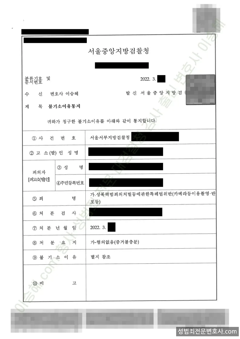 성폭법위반(카메라등이용촬영·반포등) 처분문서(개인정보 삭제)