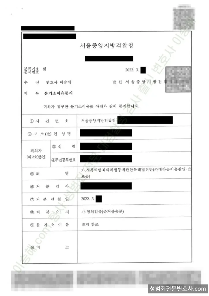 성폭법위반(카메라등이용촬영·반포등) 처분문서(개인정보 삭제)