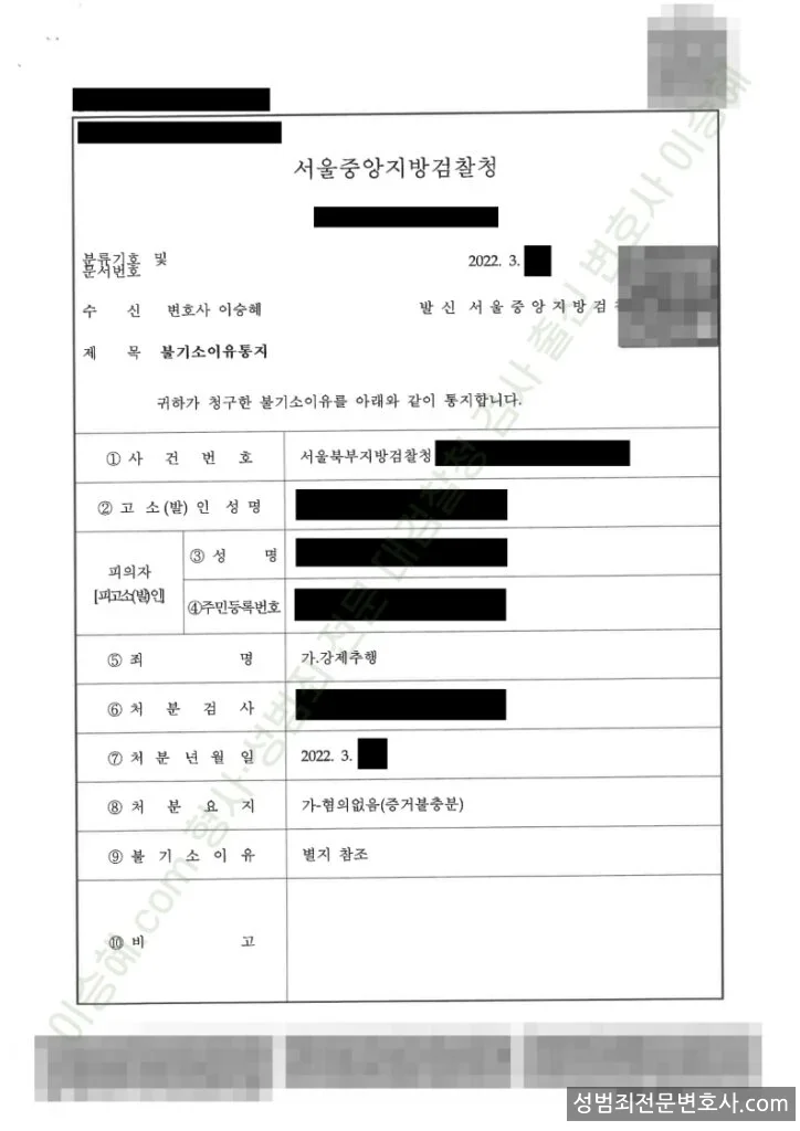 강제추행 처분문서(개인정보 삭제)