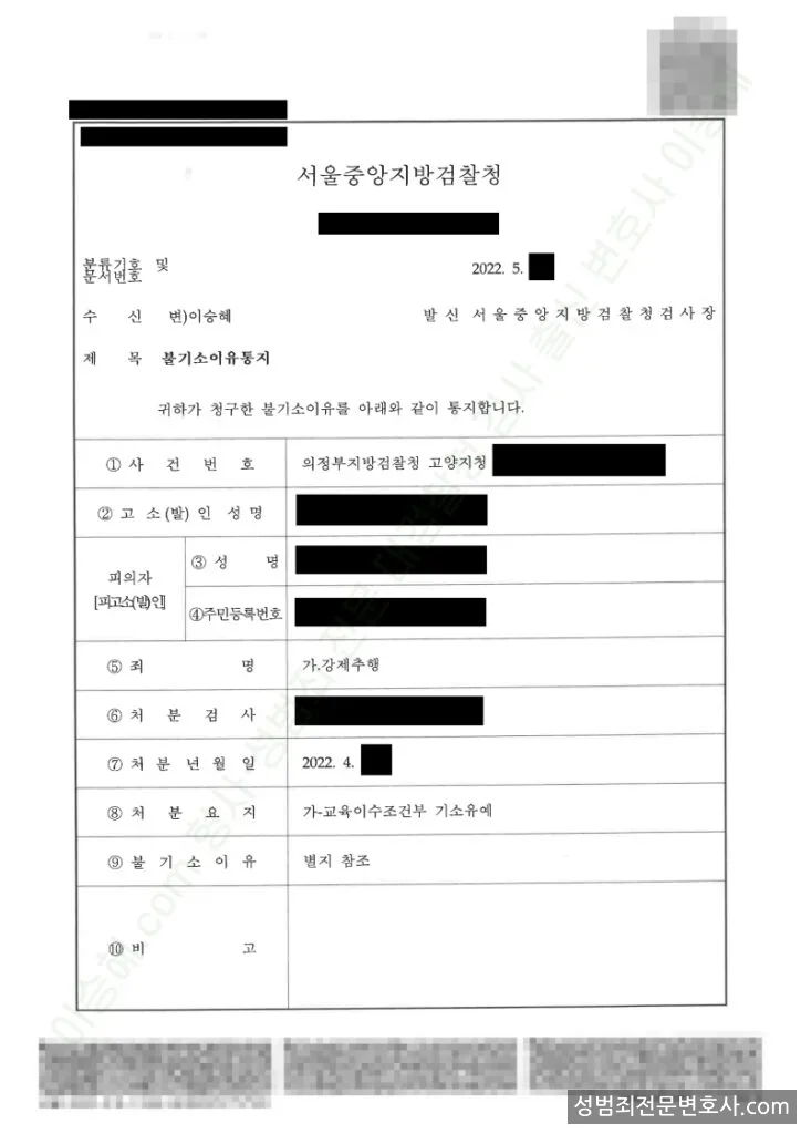 강제추행 처분문서(개인정보 삭제)