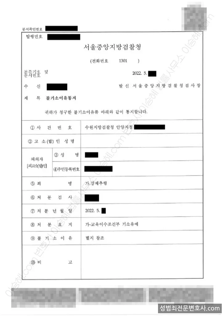 강제추행 처분문서(개인정보 삭제)