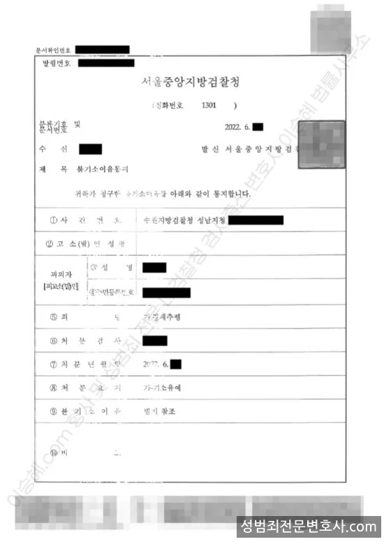 강제추행 처분문서(개인정보 삭제)