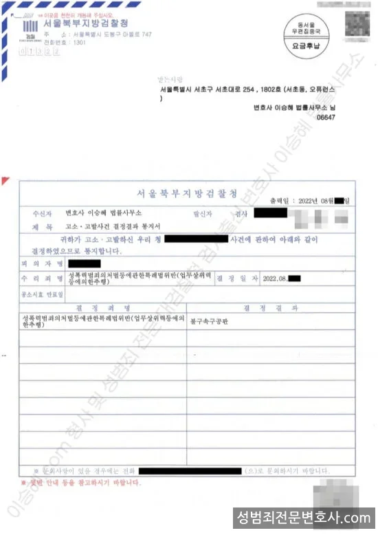 성폭법위반(업무상위력등에의한추행) 처분문서(개인정보 삭제)