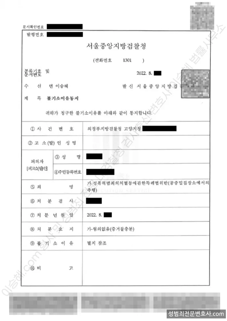 성폭법위반(공중밀집장소에서의추행) 처분문서(개인정보 삭제)