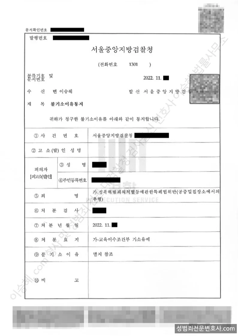 성폭법위반(공중밀집장소에서의추행) 처분문서(개인정보 삭제)