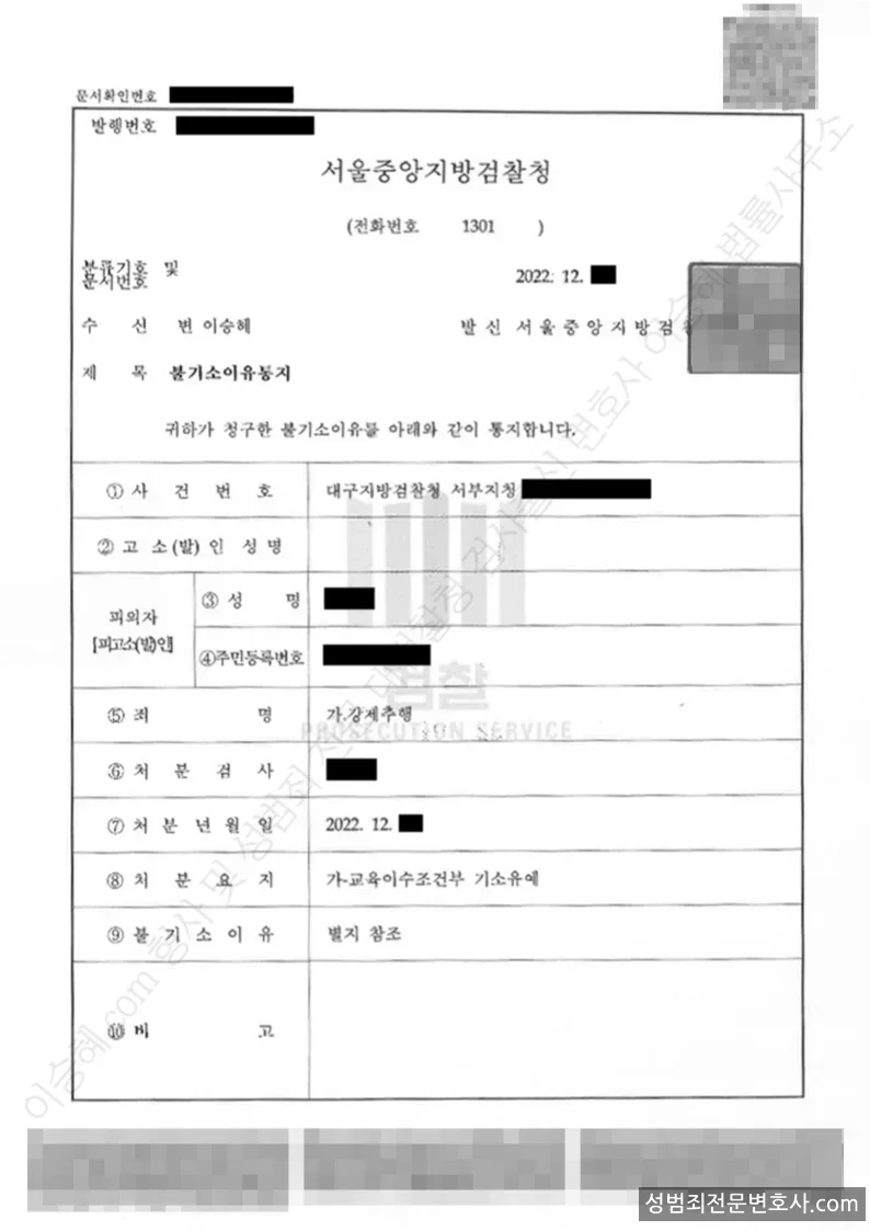 강제추행 처분문서(개인정보 삭제)