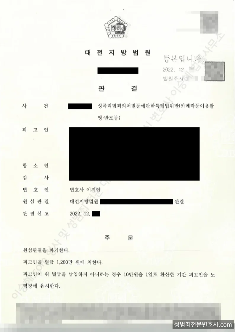성폭법위반(카메라등이용촬영·반포등) 처분문서(개인정보 삭제)