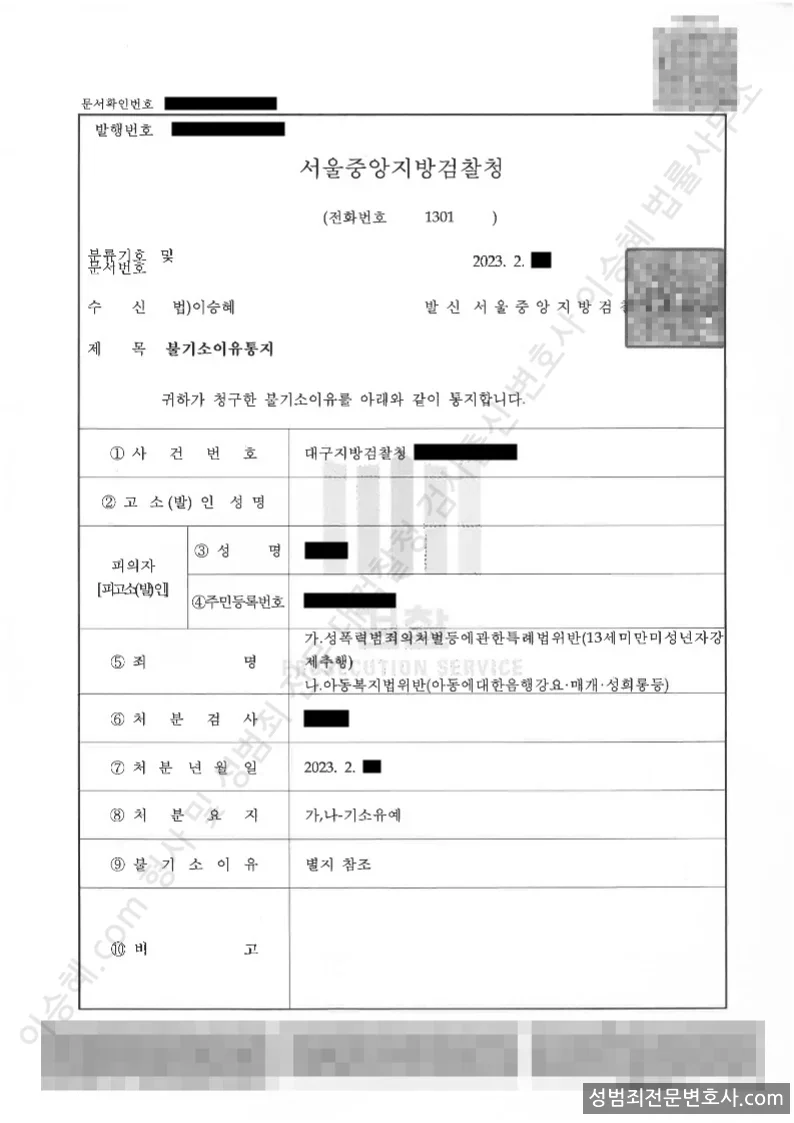 성폭법위반(13세미만미성년자강제추행) · 아동복지법위반(아동에대한음행강요·매개·성희롱등) 처분문서(개인정보 삭제)