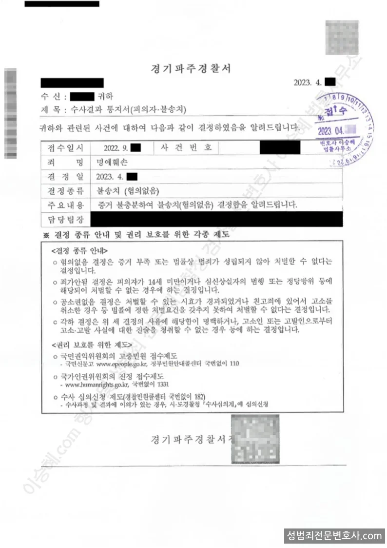 명예훼손 처분문서(개인정보 삭제)