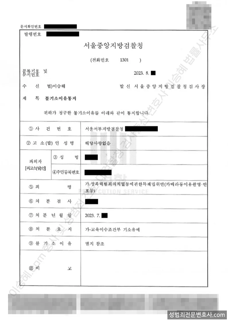 성폭법위반(카메라등이용촬영·반포등) 처분문서(개인정보 삭제)