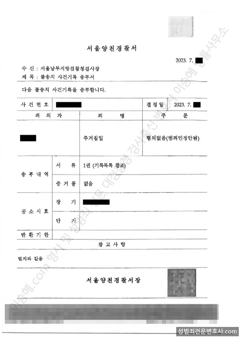 주거침입 처분문서(개인정보 삭제)