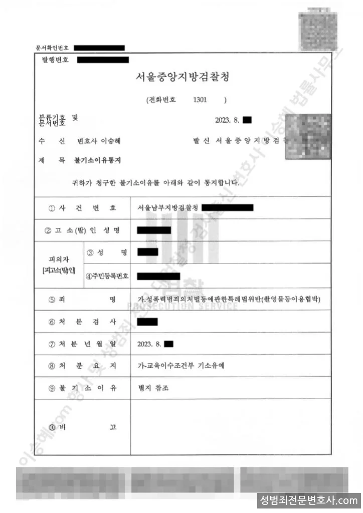 성폭법위반(촬영물등이용협박) 처분문서(개인정보 삭제)