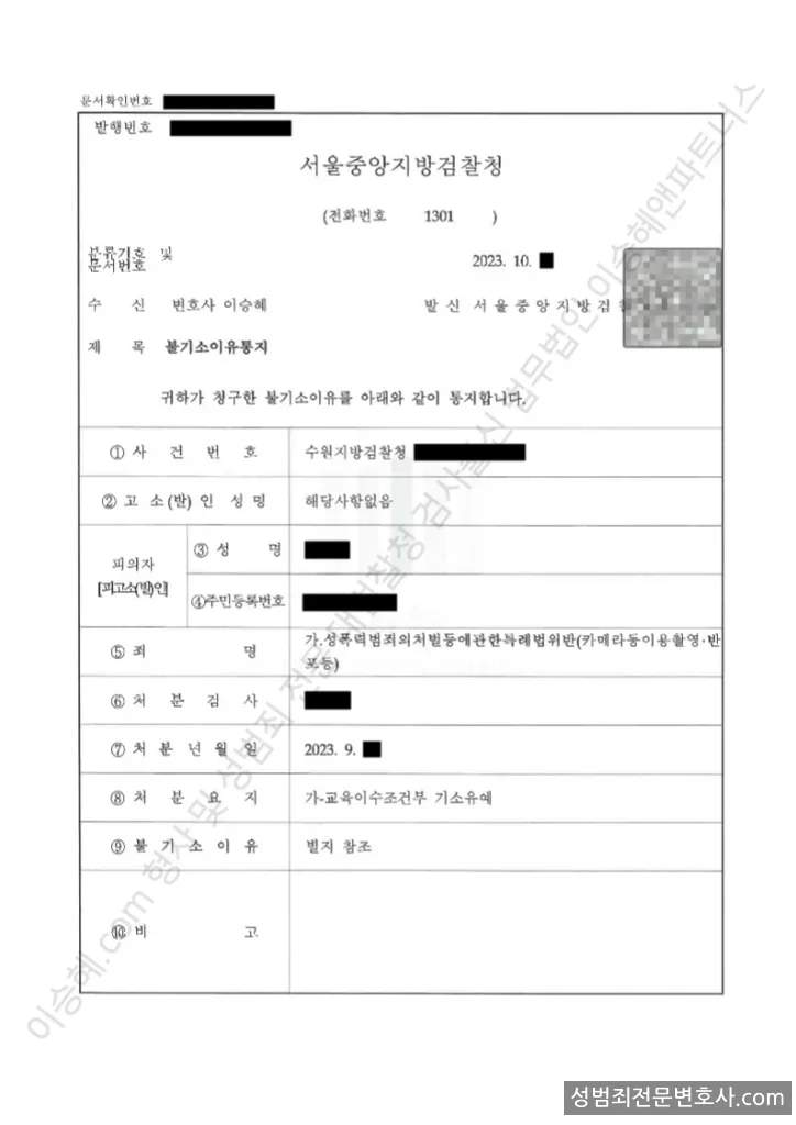 성폭법위반(카메라등이용촬영·반포등) 처분문서(개인정보 삭제)