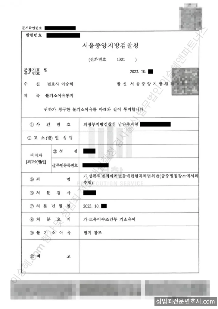 성폭법위반(공중밀집장소에서의추행) 처분문서(개인정보 삭제)