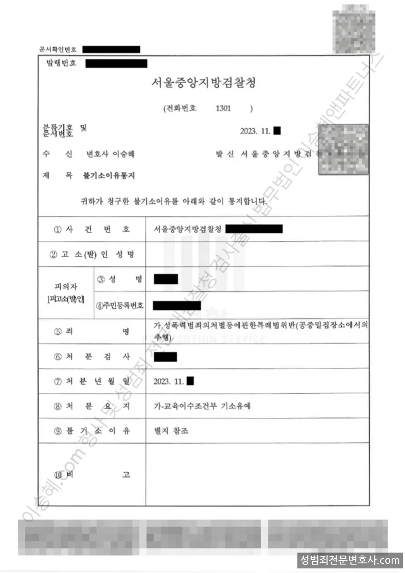 성폭법위반(공중밀집장소에서의추행) 처분문서(개인정보 삭제)