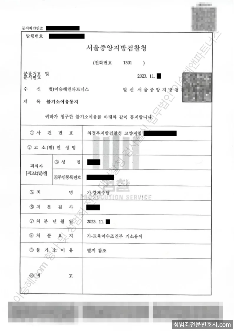강제추행 처분문서(개인정보 삭제)