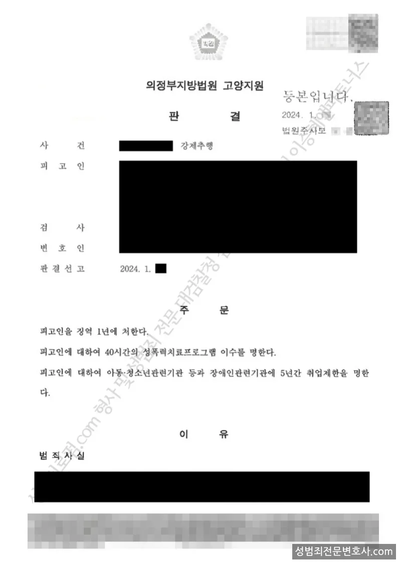 강제추행 처분문서(개인정보 삭제)