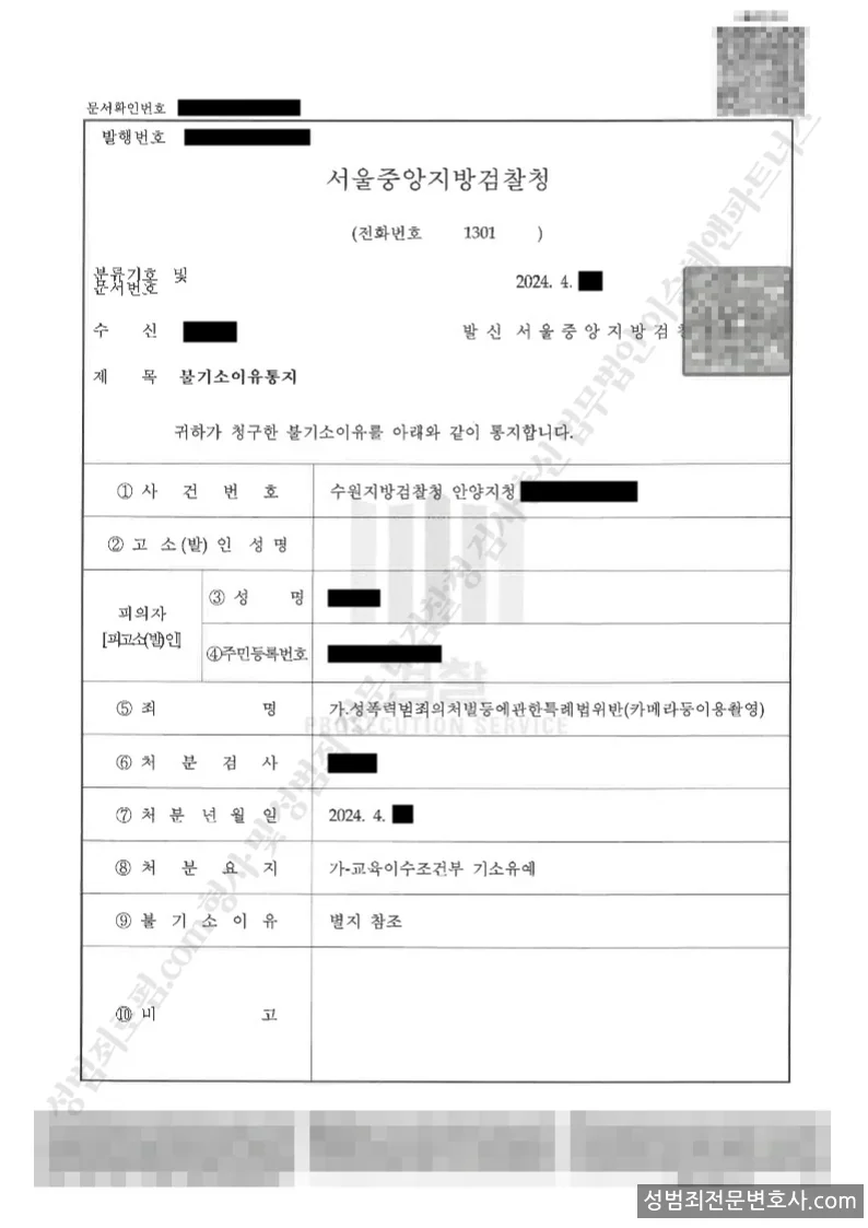 성폭법위반(카메라등이용촬영) 처분문서(개인정보 삭제)