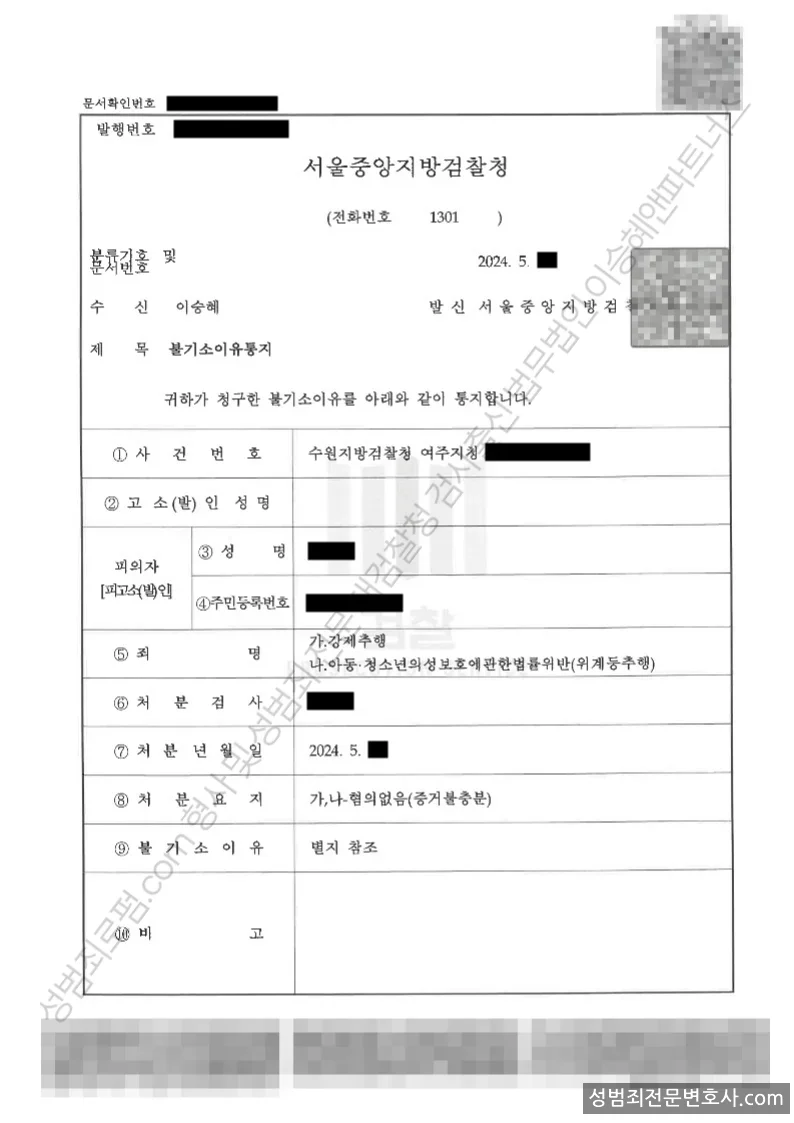 강제추행 · 아청법위반(위계등추행) 처분문서(개인정보 삭제)