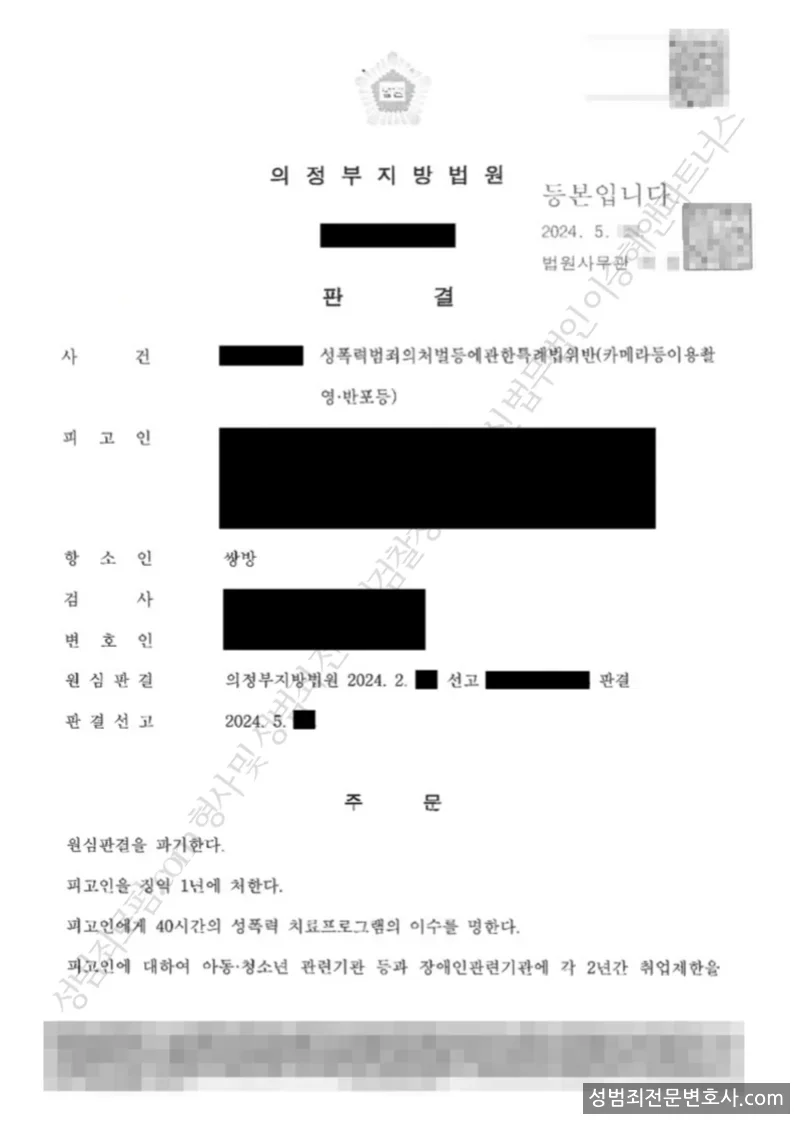 성폭법위반(카메라등이용촬영.반포등) 처분문서(개인정보 삭제)