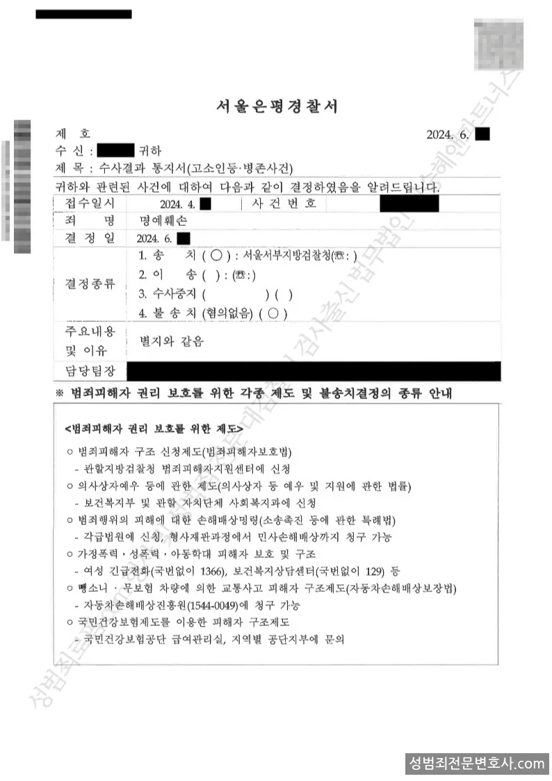 명예훼손 처분문서(개인정보 삭제)