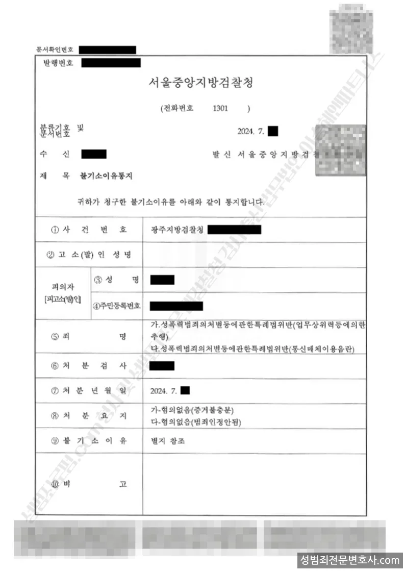 성폭법위반(업무상위력에의한추행) · 성폭법위반(통신매체이용음란) 처분문서(개인정보 삭제)