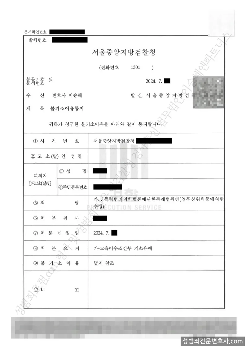 성폭법위반(업무상위력등에의한추행) 처분문서(개인정보 삭제)