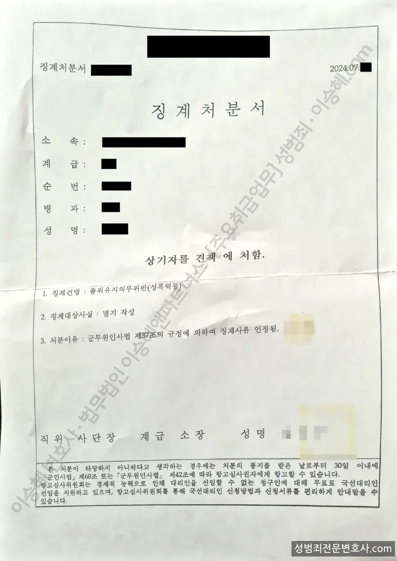 품위유지의무위반(성폭력등) 처분문서(개인정보 삭제)