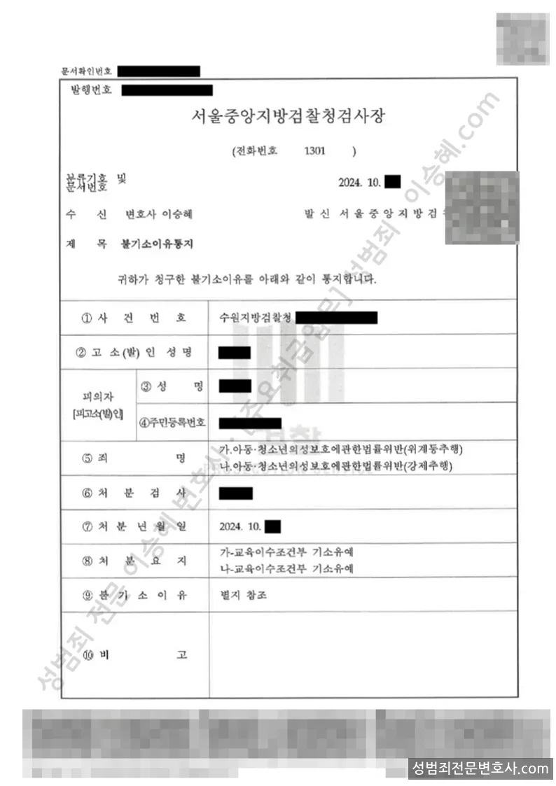 아청법위반(위계등추행) · 아청법위반(강제추행) 처분문서(개인정보 삭제)