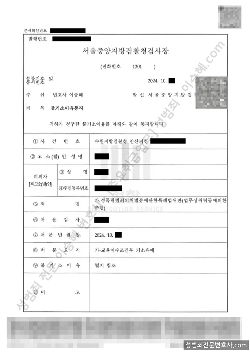 성폭법위반(업무상위력등에의한추행) 처분문서(개인정보 삭제)