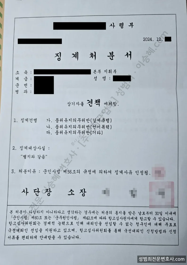 품위유지의무위반(강제추행, 언어폭력, 기타) 처분문서(개인정보 삭제)