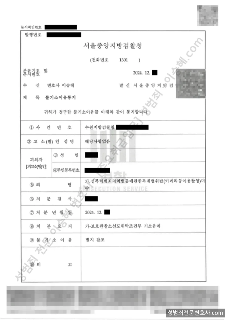 성폭법위반(카메라등이용촬영)미수 처분문서(개인정보 삭제)