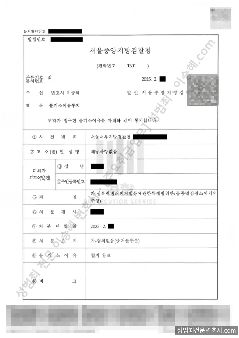 성폭법위반(공중밀집장소에서의추행) 처분문서(개인정보 삭제)