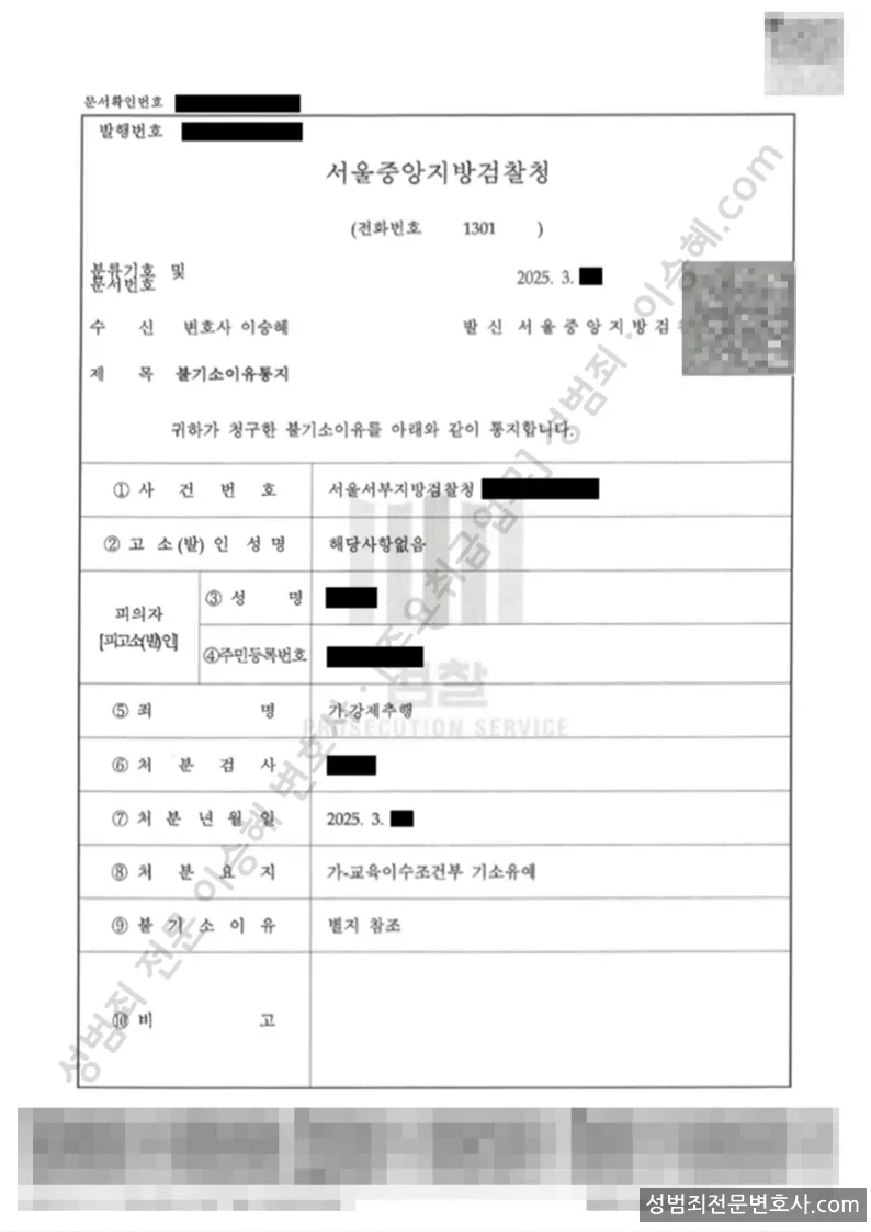 강제추행 처분문서(개인정보 삭제)