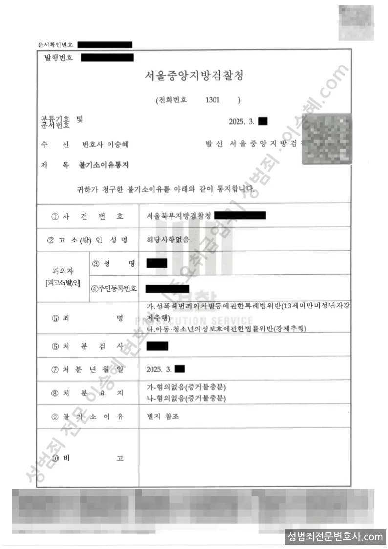 성폭법위반(13세미만미성년자강제추행) · 아청법위반(강제추행) 처분문서(개인정보 삭제)