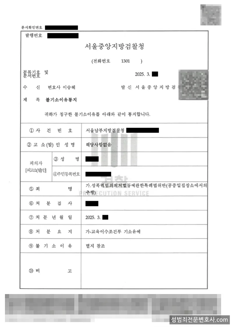성폭법위반(공중밀집장소에서의추행) 처분문서(개인정보 삭제)