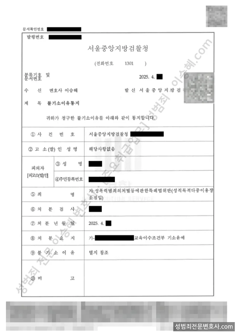 성폭법위반(성적목적다중이용장소침입) 처분문서(개인정보 삭제)