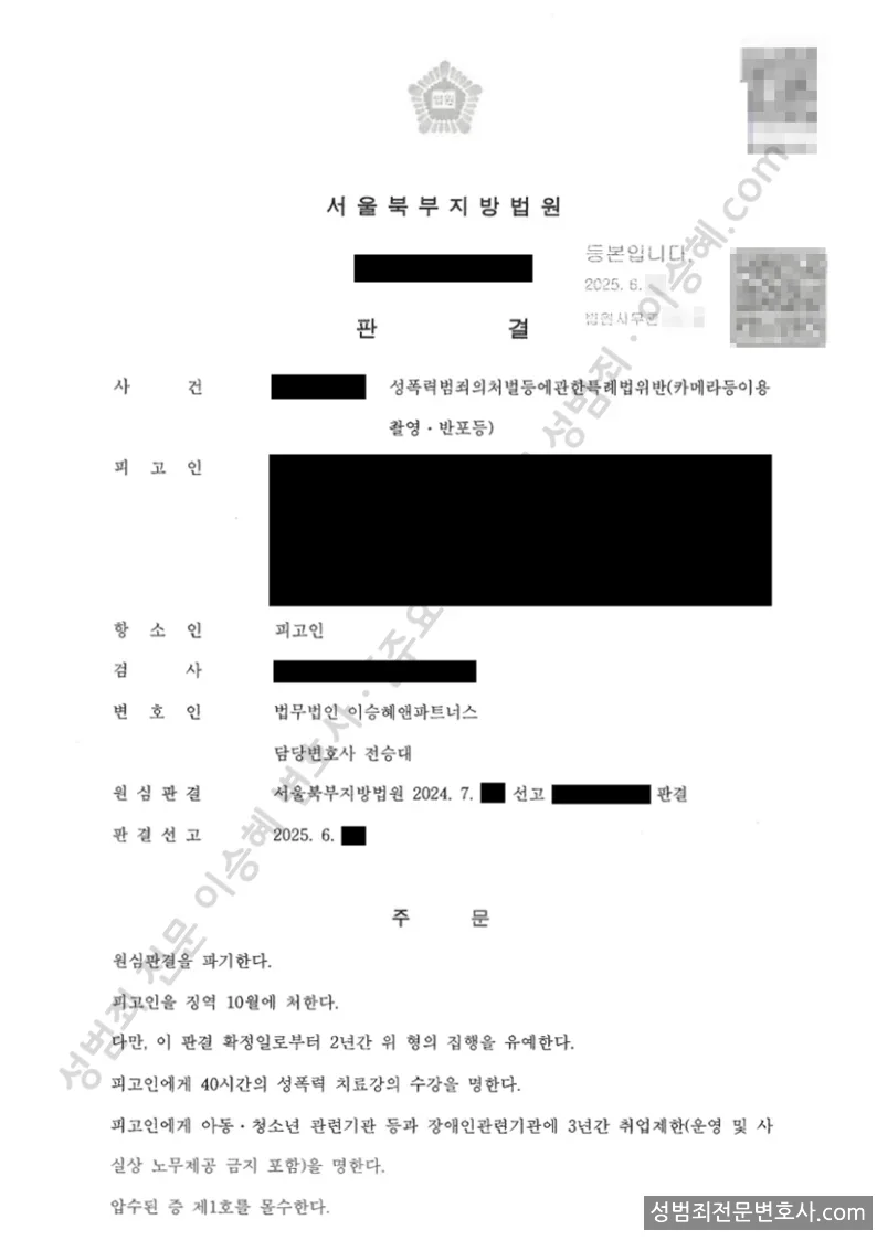 성폭법위반(카메라등이용촬영반포등) 처분문서(개인정보 삭제)