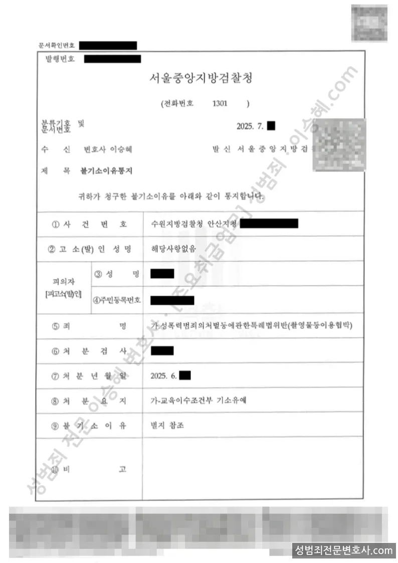 성폭법위반(촬영물등이용협박) 처분문서(개인정보 삭제)