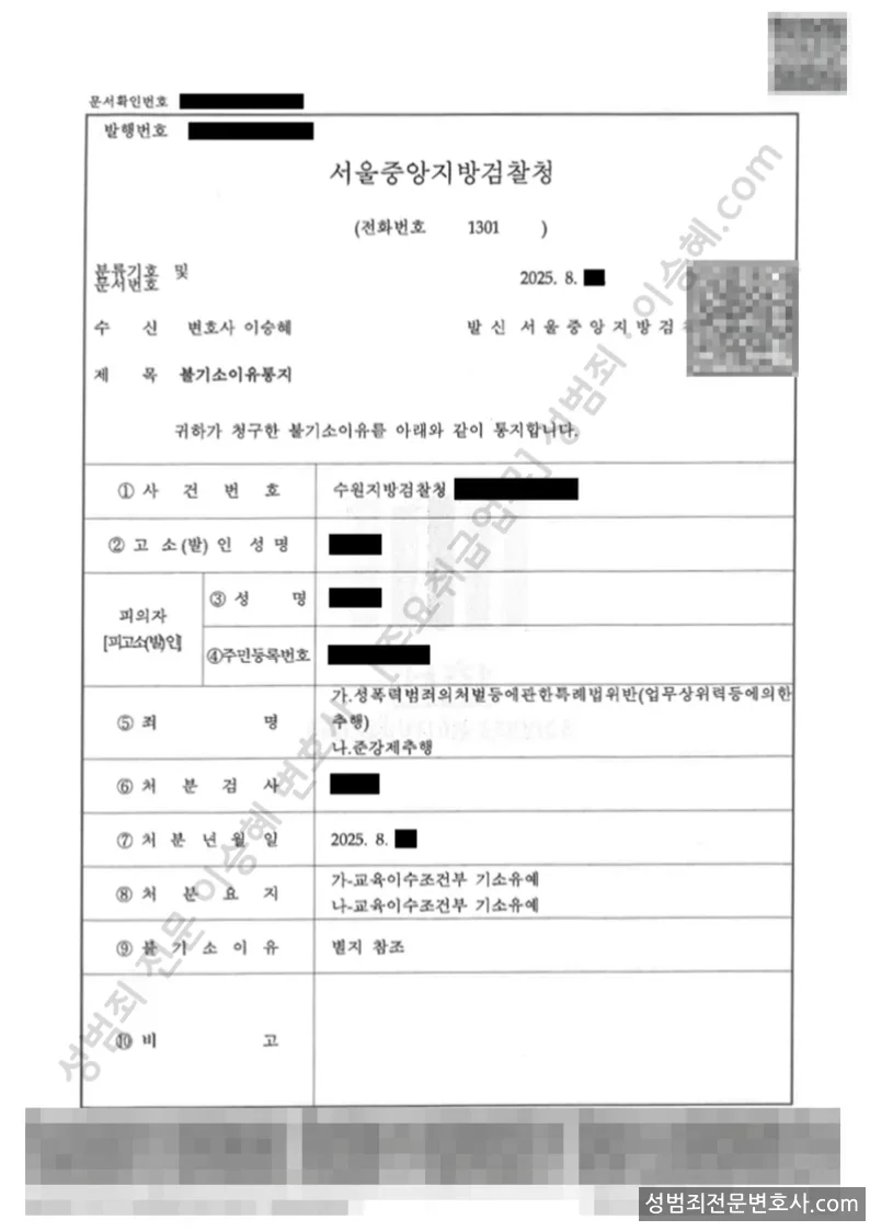 성폭법위반(업무상위력등에의한추행) · 준강제추행 처분문서(개인정보 삭제)