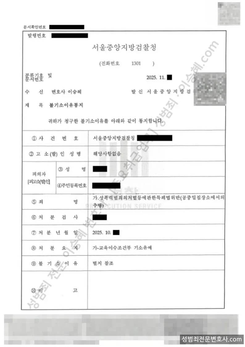 성폭법위반(공중밀집장소에서의추행) 처분문서(개인정보 삭제)