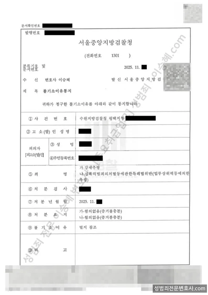 강제추행 · 성폭법위반(업무상위력등에의한추행) 처분문서(개인정보 삭제)