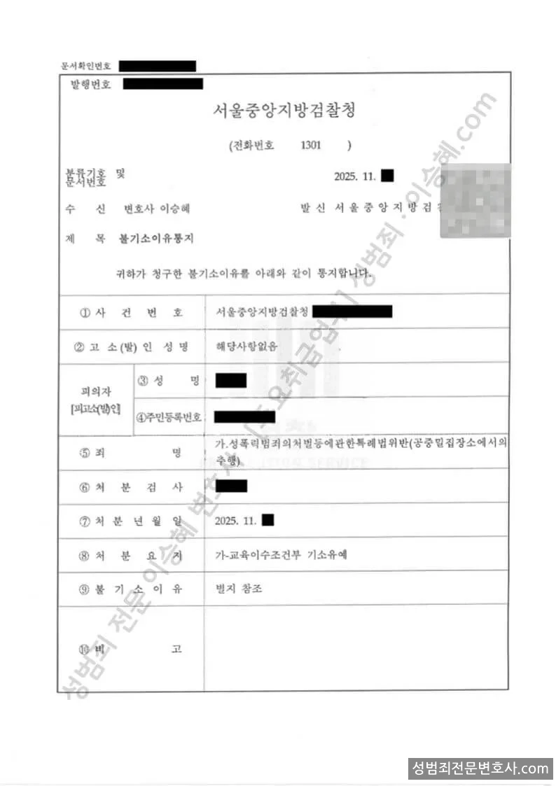 성폭법위반(공중밀집장소에서의추행) 처분문서(개인정보 삭제)