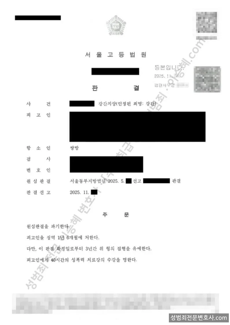 강간치상(인정된 죄명 강간) 처분문서(개인정보 삭제)